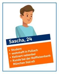 Geldanlagen für junge Menschen: Steckbrief von Sascha mit einer Comicfigur 